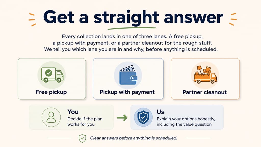 The three lanes a collection can land in, free pickup, pickup with payment, or partner cleanout, with you deciding if the plan works and us explaining options honestly