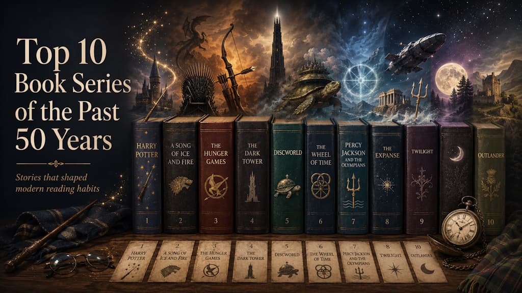 Ten ornate book spines for famous series including Harry Potter, A Song of Ice and Fire, The Hunger Games, and Discworld beneath a fantasy skyline