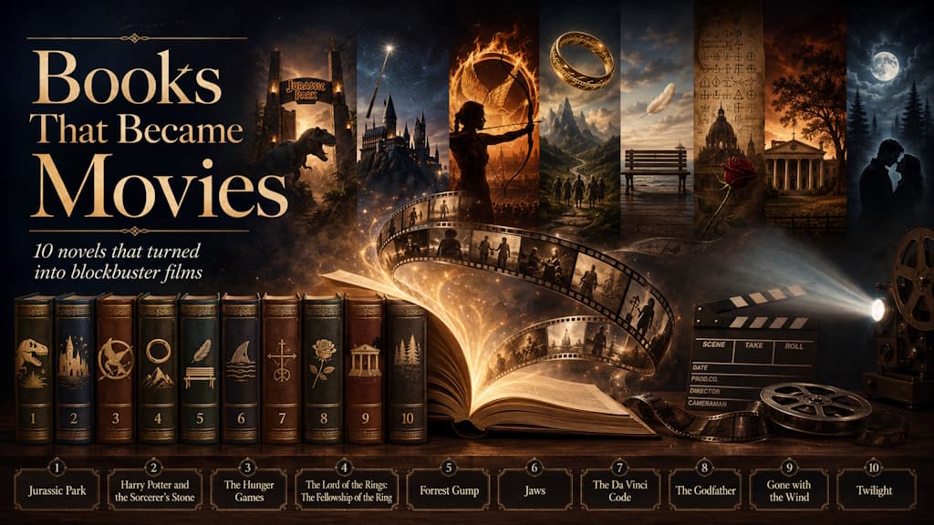 Ten book spines and a film strip rising from an open book, representing novels like Jurassic Park, Harry Potter, and The Lord of the Rings that became blockbuster movies