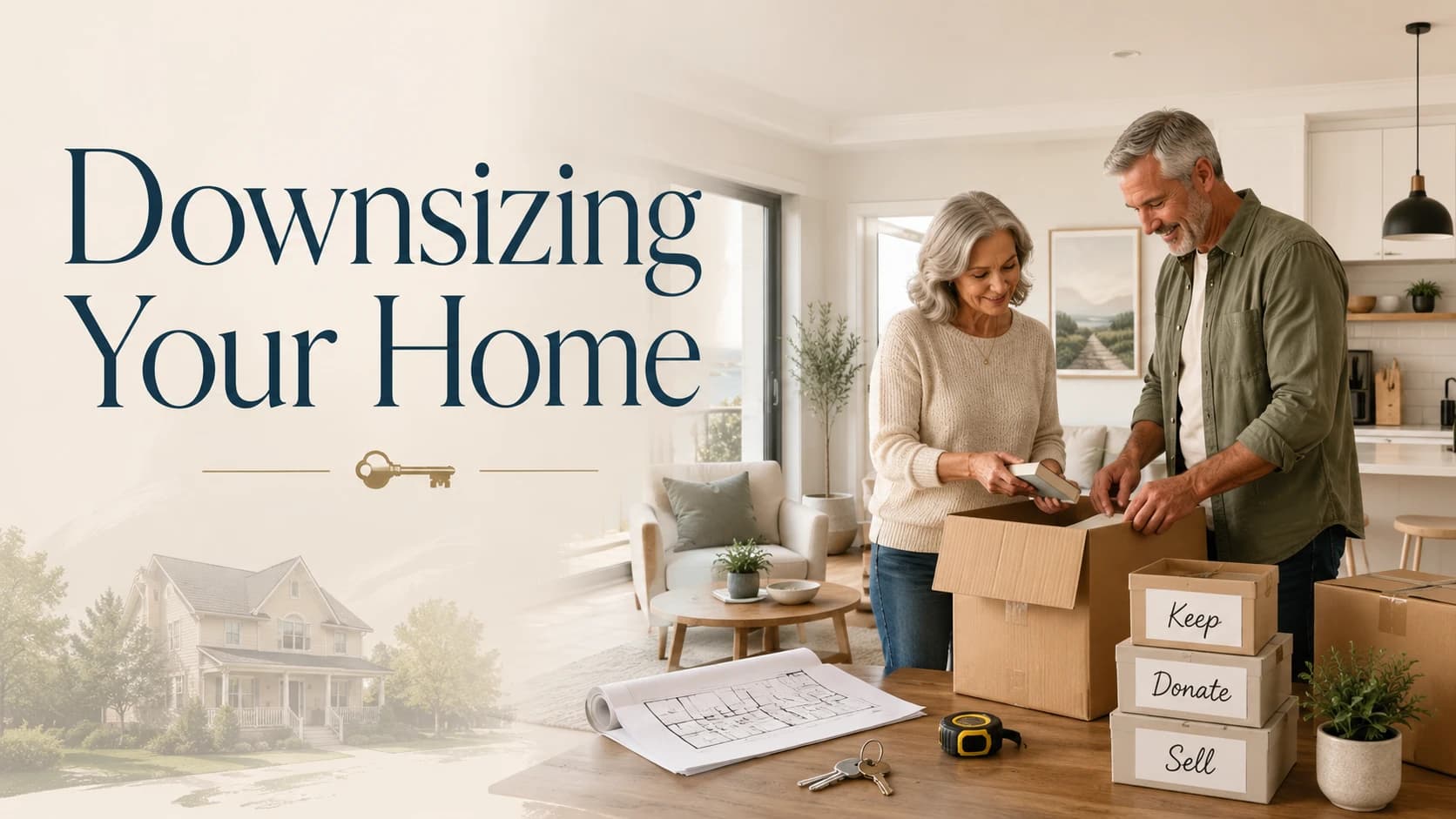 A couple packing books into moving boxes labeled keep, donate, and sell while downsizing their home