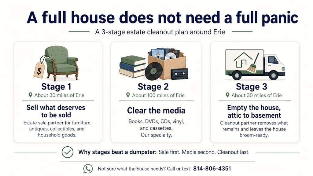 The three-stage estate cleanout plan around Erie, an estate sale within about 30 miles, media pickup within about 100 miles, then a whole house cleanout leaving the home broom-ready