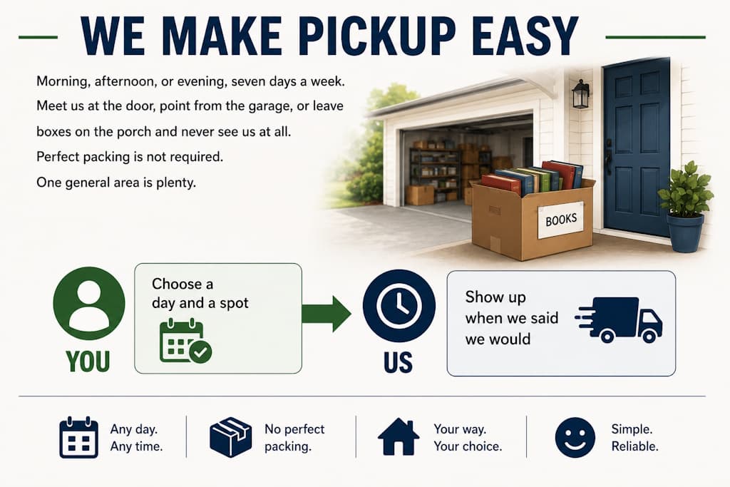 A box of books waiting by an open garage and porch for an easy scheduled pickup