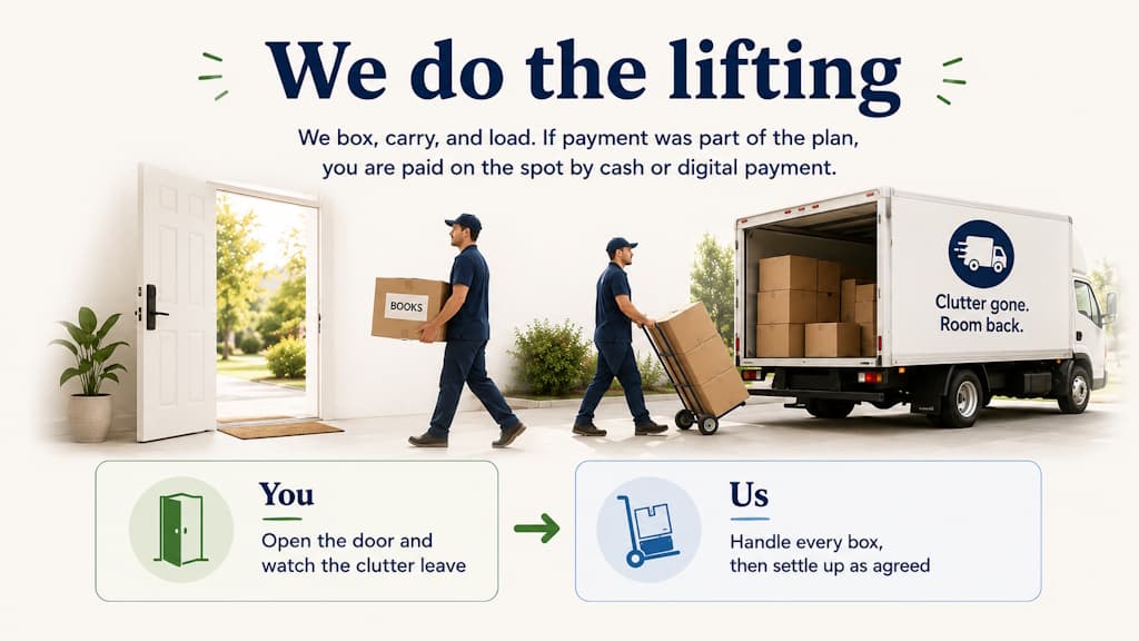 Movers loading boxes of books into a truck that reads clutter gone, room back