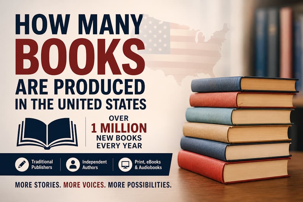 A stack of hardcover books beside a U.S. map graphic noting that over one million new books are produced in the United States every year