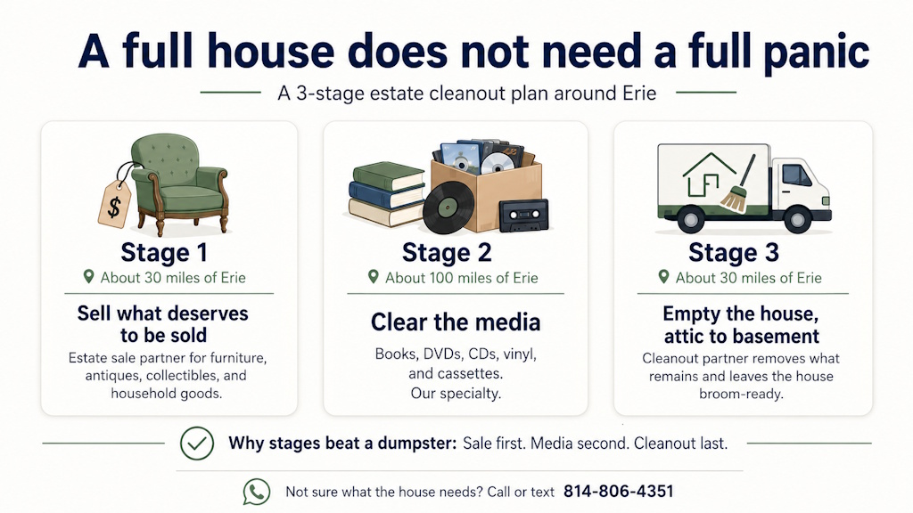 The three-stage estate cleanout plan around Erie, an estate sale within about 30 miles, media pickup within about 100 miles, then a whole house cleanout leaving the home broom-ready
