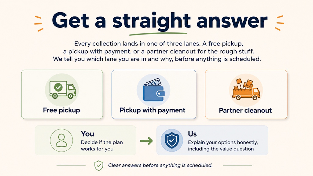 The three lanes a collection can land in, free pickup, pickup with payment, or partner cleanout, with you deciding if the plan works and us explaining options honestly