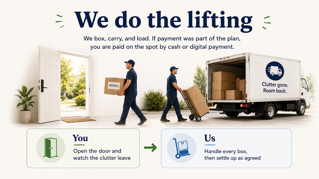 Movers carrying boxes of books from an open front door into a truck reading clutter gone, room back, with you opening the door and us handling every box